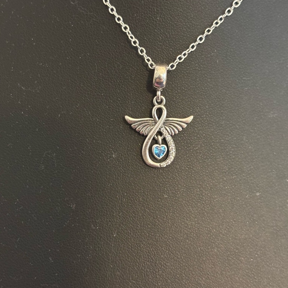 Silver Angel Wing Necklace with Blue Heart Crystal Pendant